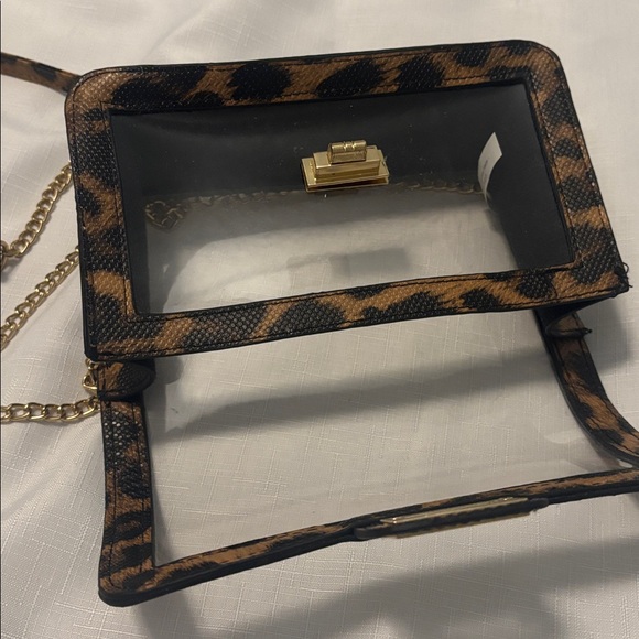 Clear Crossbody bag w/leopard print trim gold chain strap, stadium-approved - Picture 7 of 12